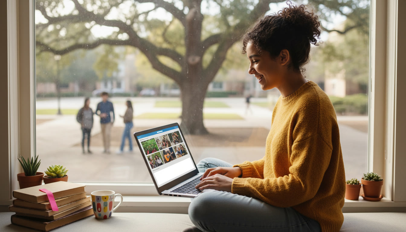 Photo Idea : A student uploading photos and a short reflection to an online CAS portfolio from a laptop