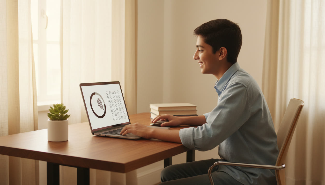 Photo Idea : student at a desk taking a timed mock test on a laptop with an on-screen answer sheet and a visible stopwatch
