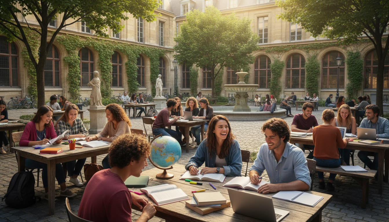 Photo Idea : Students studying on a sunny Parisian courtyard with classic university buildings in the background