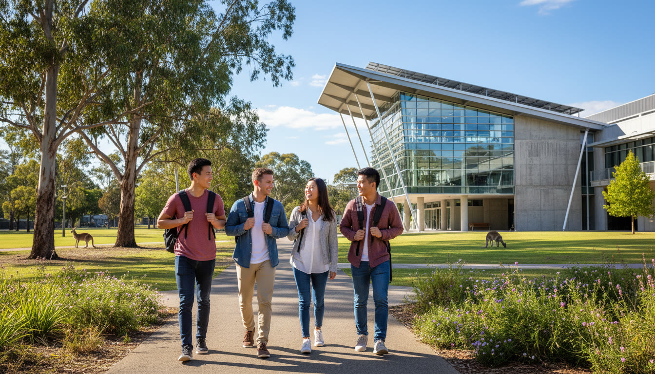 Photo Idea : A small group of diverse students in casual clothes carrying backpacks walking toward a modern engineering building on an Australian campus