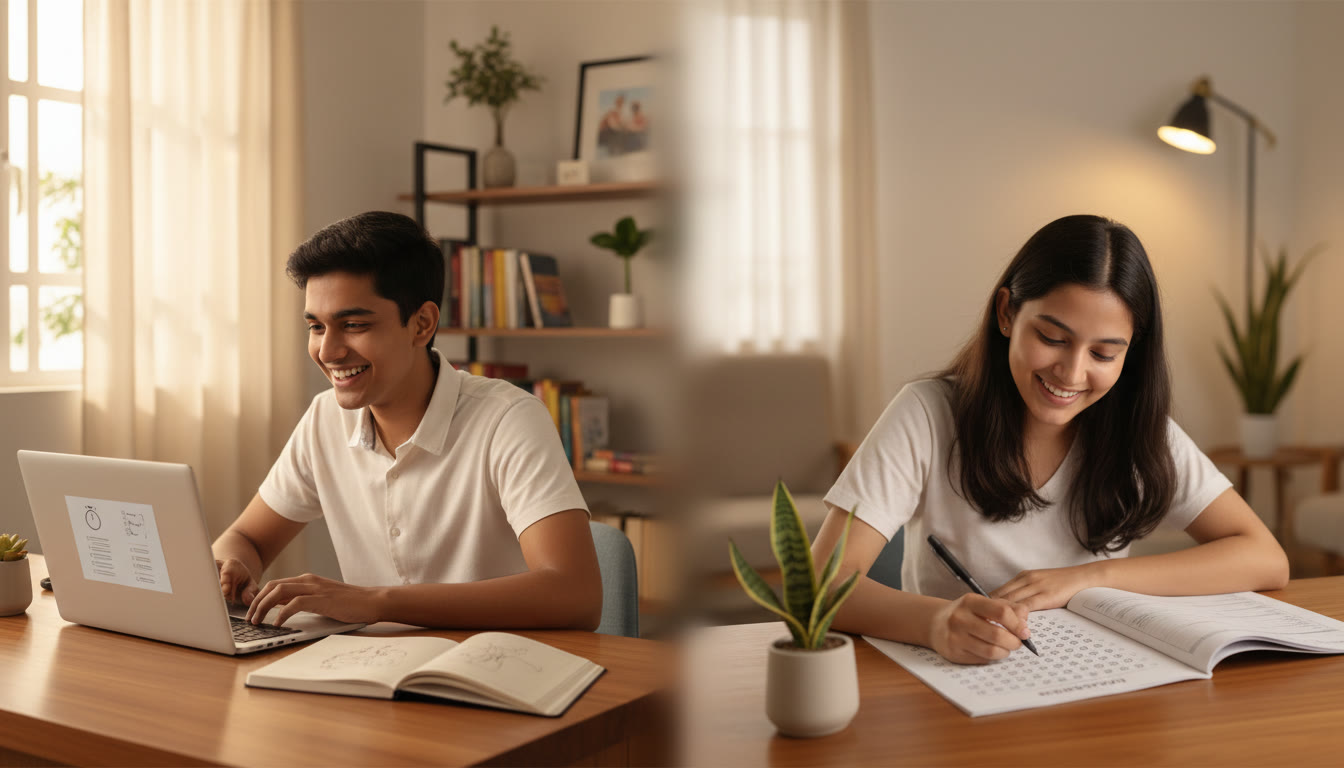 Photo Idea : Split-screen visual of a student taking a timed mock test on a laptop and another student filling a paper OMR sheet in a classroom