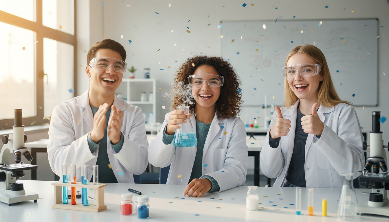 Photo Idea : A small team of IB students in a bright lab, wearing safety goggles and celebrating an experiment