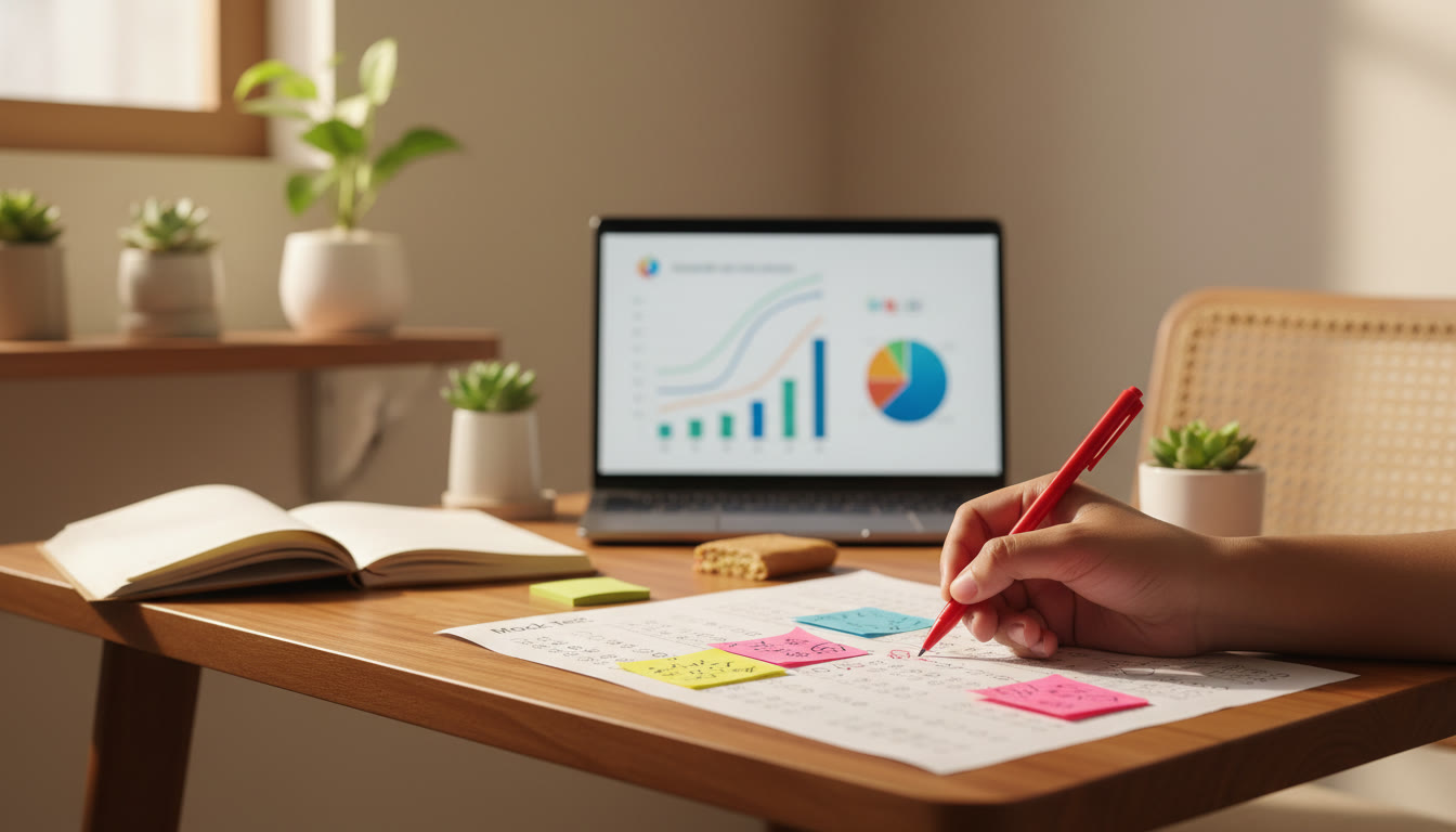 Photo Idea : Close-up of a hand marking errors on a mock-test answer sheet with colored sticky notes and a laptop chart in the background.
