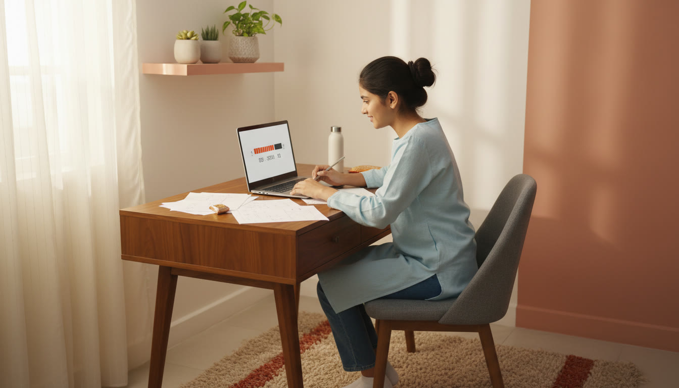 Photo Idea : A focused student at a desk, taking a full-length mock on a laptop with a visible countdown timer and scattered revision notes