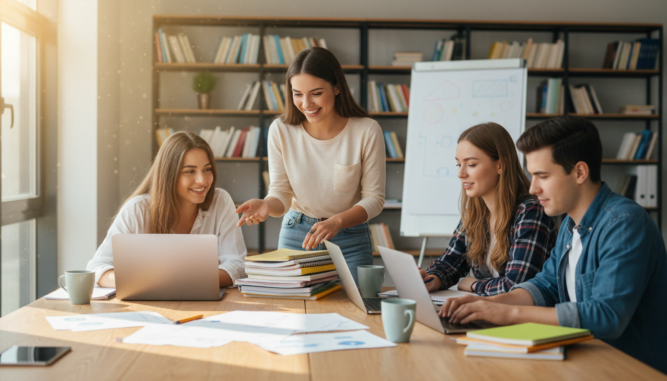 Photo Idea : Student leading a small workshop with peers around a table, notes and laptops visible
