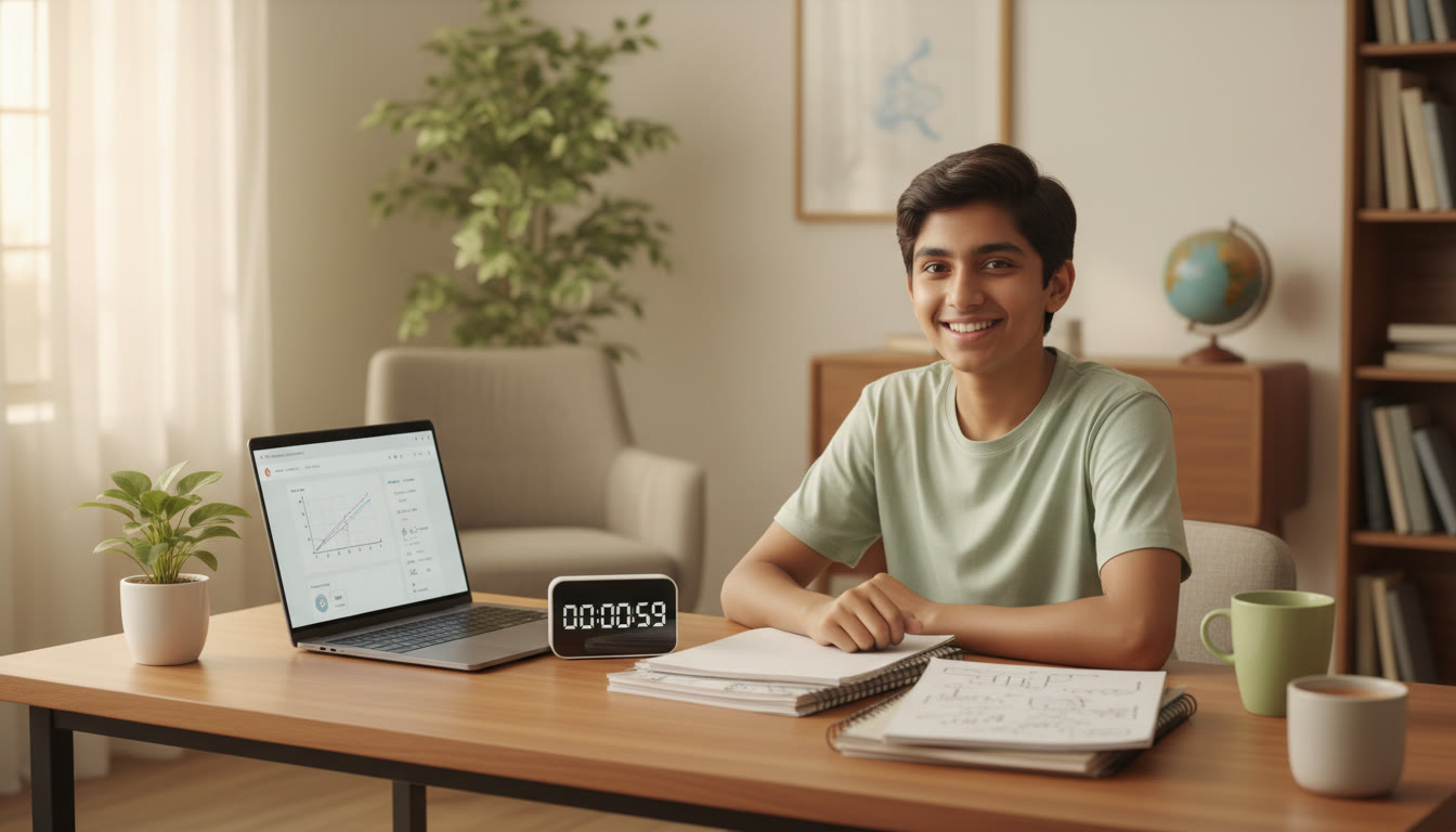 Photo Idea : a student at a desk with a countdown timer, laptop displaying a mock test, and neatly arranged notes