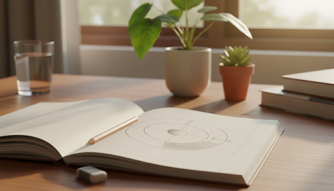 Photo Idea : A student’s notebook open to a neatly drawn physics diagram with labels and a pencil nearby