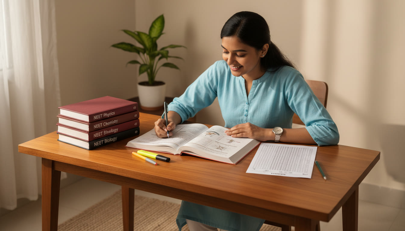 Photo Idea : A focused student at a study table with NEET books, practice sheet, and a mock OMR sheet nearby