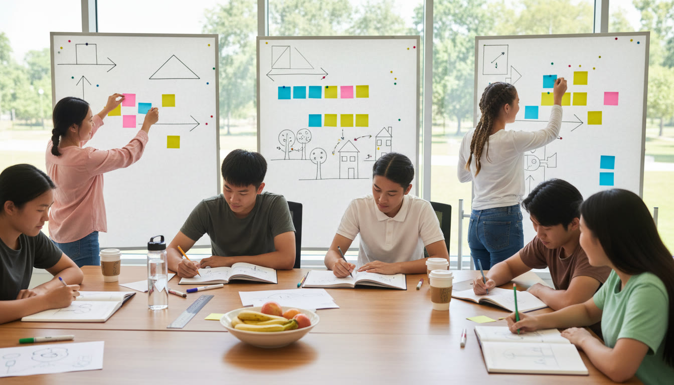 Photo Idea : A diverse group of students sitting around a table, sketching plans and pinning post-it notes for a community project