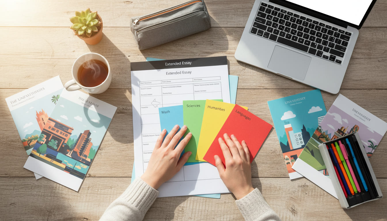 Photo Idea : Overhead shot of a student arranging IB subject notes, an extended essay printout, and university brochures on a wooden desk