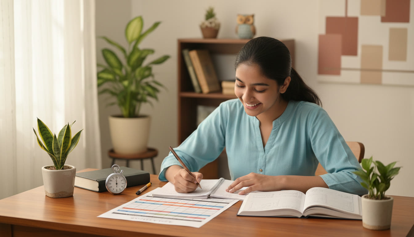 Photo Idea : A focused student at a desk with notebooks, stopwatch, and a neatly organized timetable