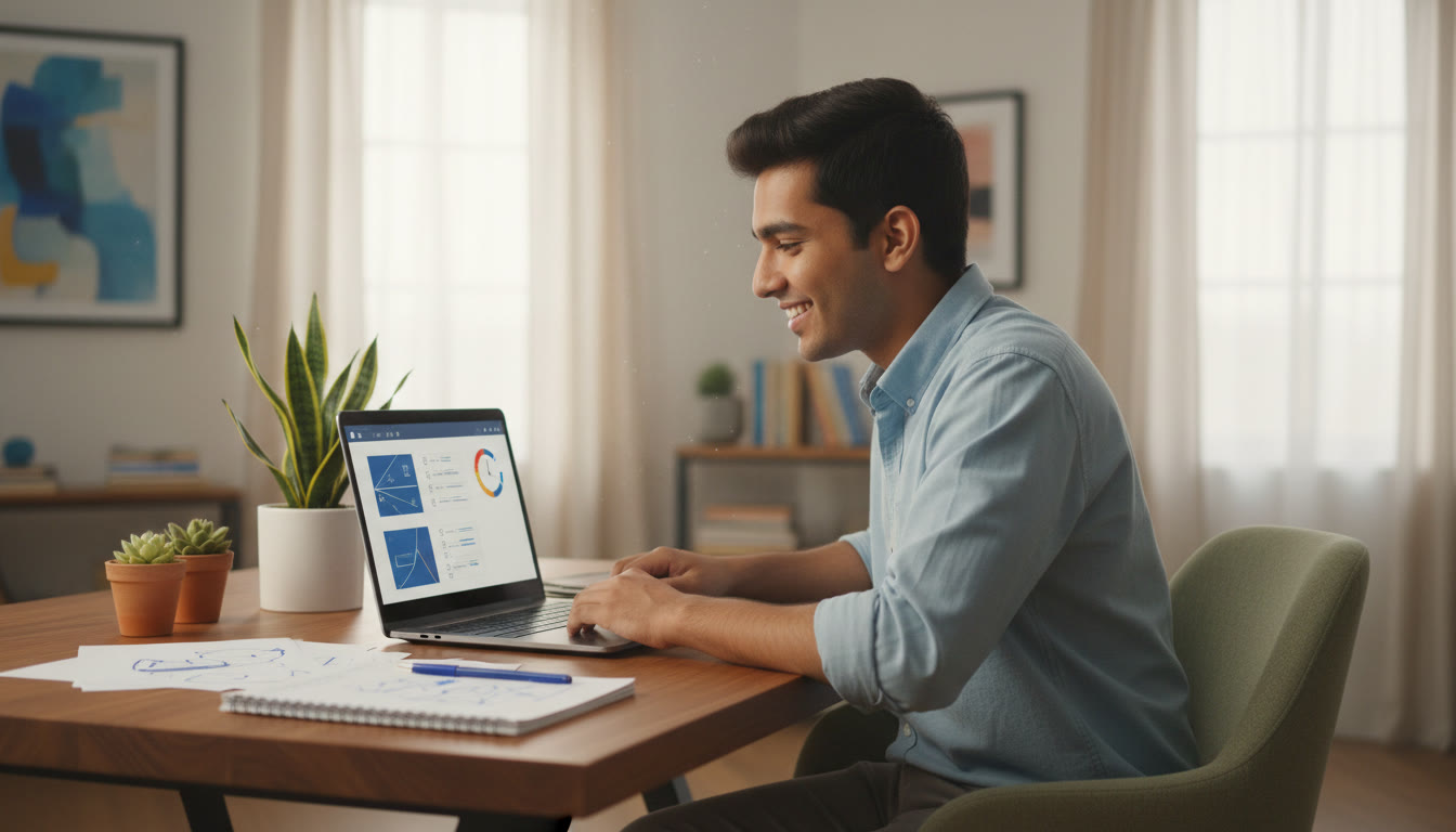 Photo Idea : A student seated at a desk, working a 3-hour mock test on a laptop with neat notes and a visible countdown timer.