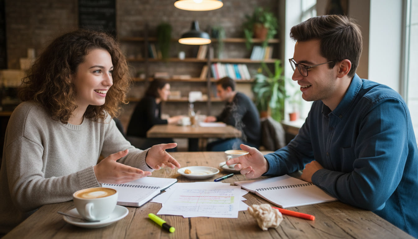 Photo Idea : Two students discussing a TOK essay draft over coffee with annotated pages