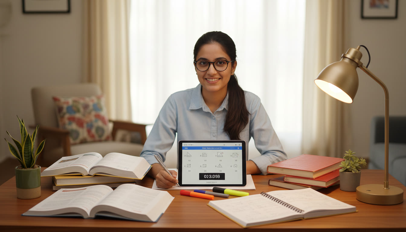Photo Idea : A focused ISC student surrounded by neatly organized notes and textbooks, taking a timed mock test at a desk