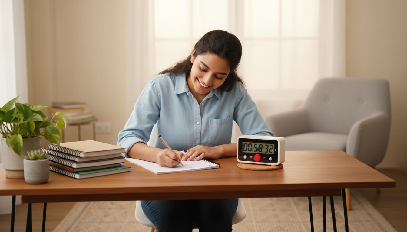 Photo Idea : A student taking a timed mock test with an answer sheet and a stopwatch nearby