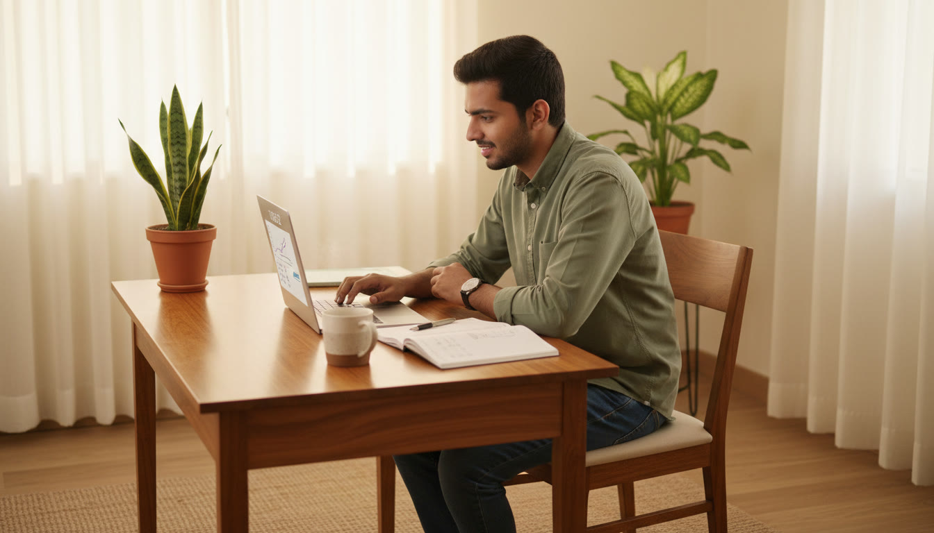 Photo Idea : Student focused at a desk with a laptop running a timed mock test and a notebook nearby