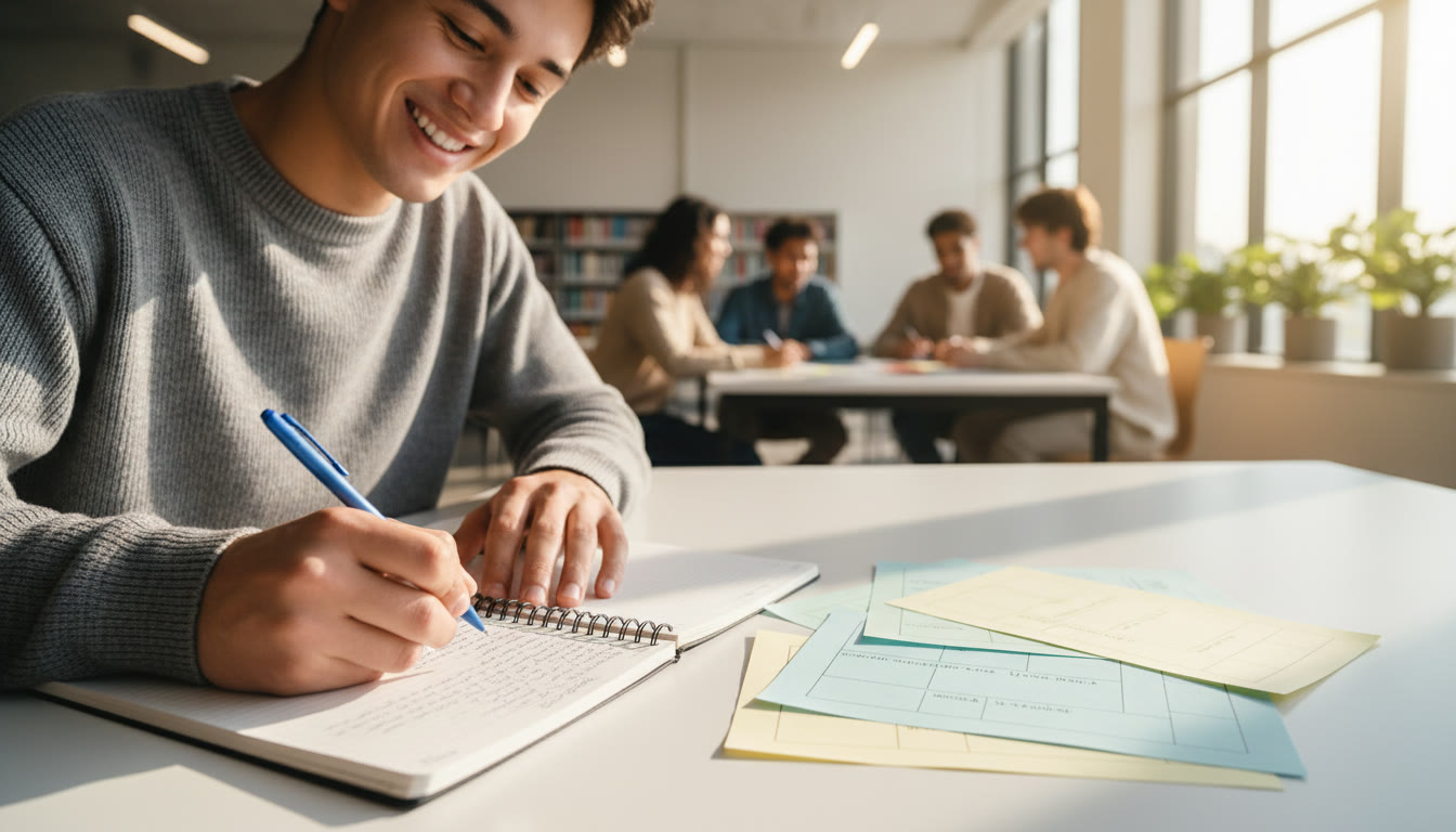 Photo Idea : close-up of a student writing a reflective journal entry beside printed community feedback forms