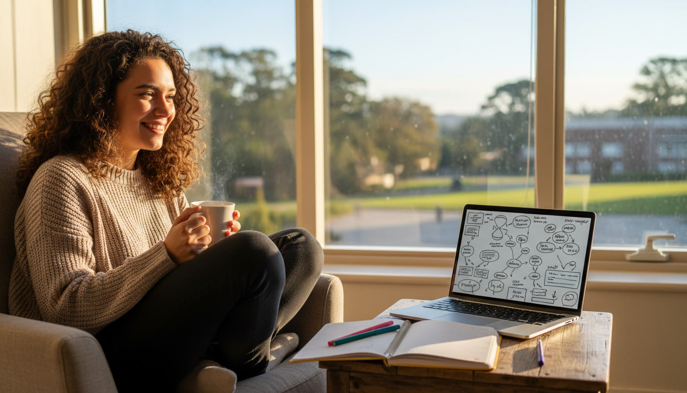 Photo Idea : student journaling beside a window with a cup of tea and a laptop showing notes