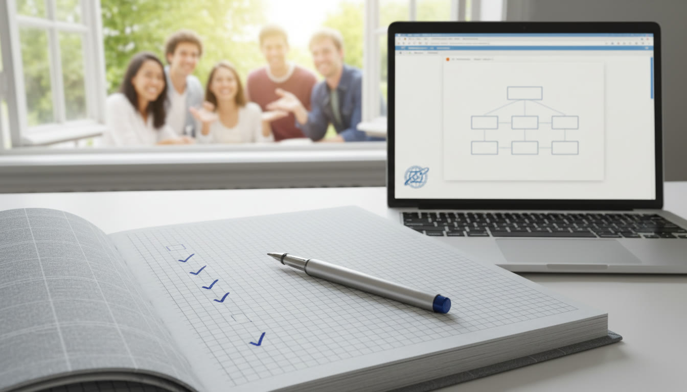 Photo Idea : Close-up of a neat meeting notebook with a checklist and a pen beside a laptop showing a draft document