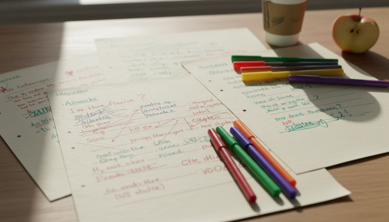 Photo Idea : Close-up of handwritten draft pages with annotations and colored pens, showing the editing process