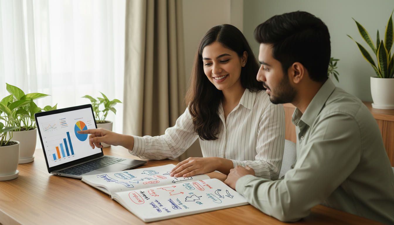 Photo Idea : A tutor and student reviewing a mock test together with annotated error logs and a laptop showing question analytics.