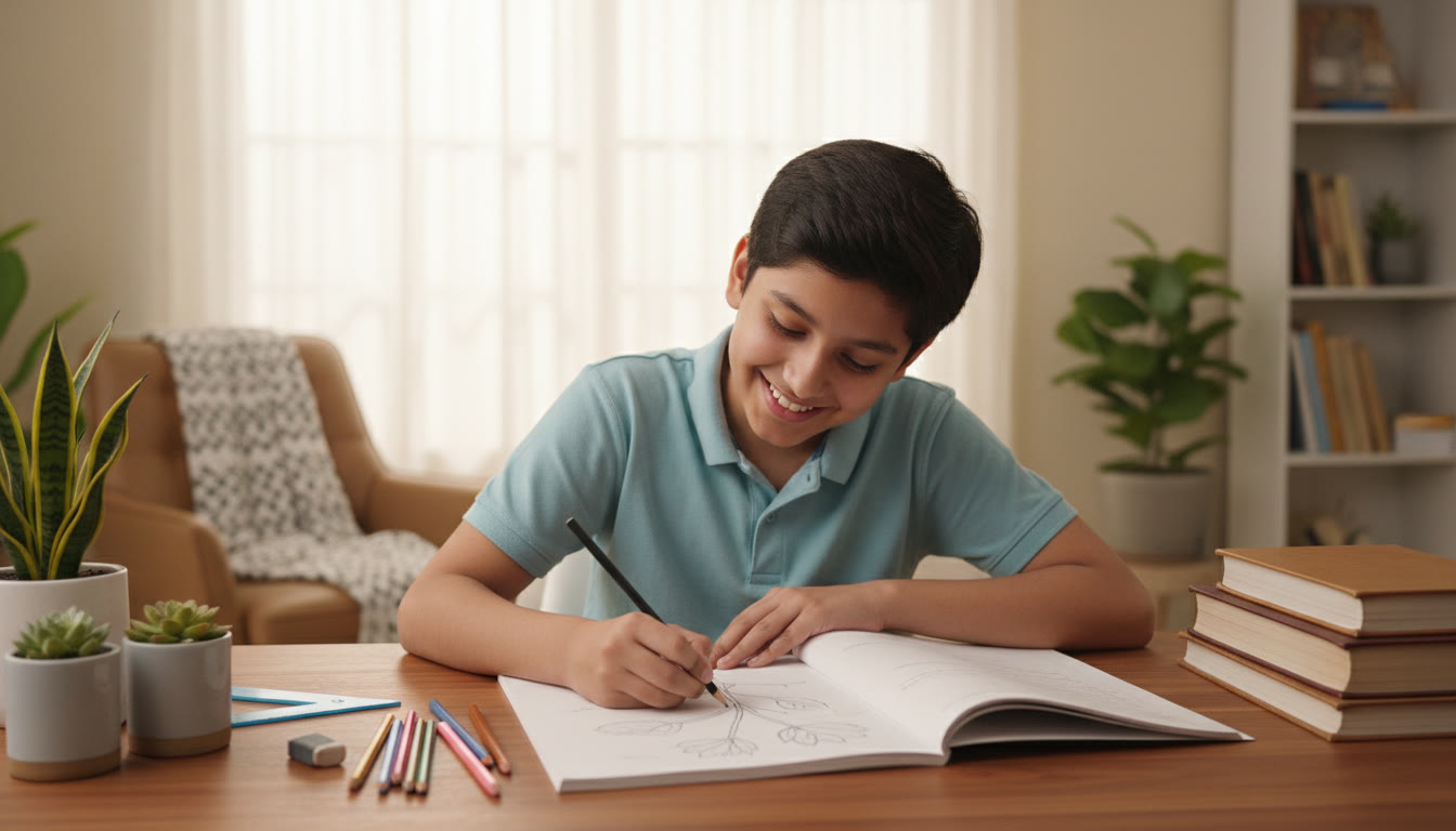 Photo Idea : Student drawing a labeled plant diagram in notebook with pencils and ruler nearby