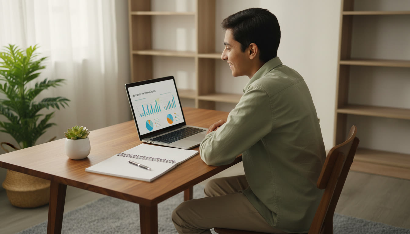 Photo Idea : A student analyzing a mock test report on a laptop with a notebook for error logs