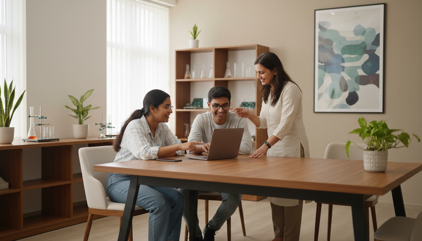 Photo Idea : A small group of students working on a laptop with a faculty member guiding a project in a lab setting
