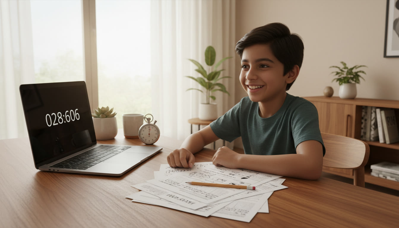 Photo Idea : A mock-test desk with a stopwatch, laptop showing a timer, answer sheet printout and a pencil