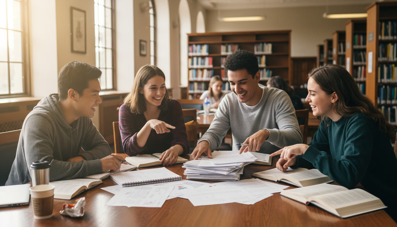 Photo Idea : a small group of students working together at a library table with printed past papers