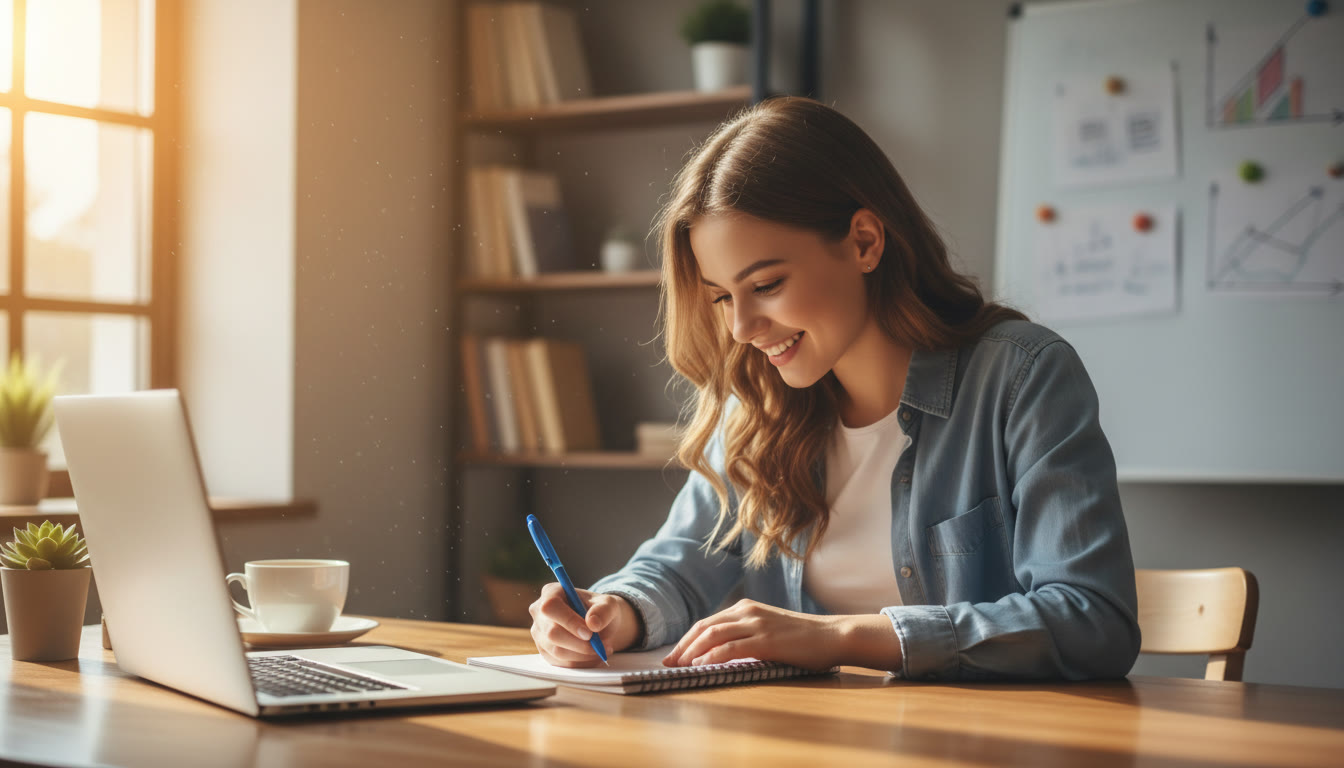 Photo Idea : a focused student at a desk writing in a notebook with a laptop closed beside them, morning light on the table