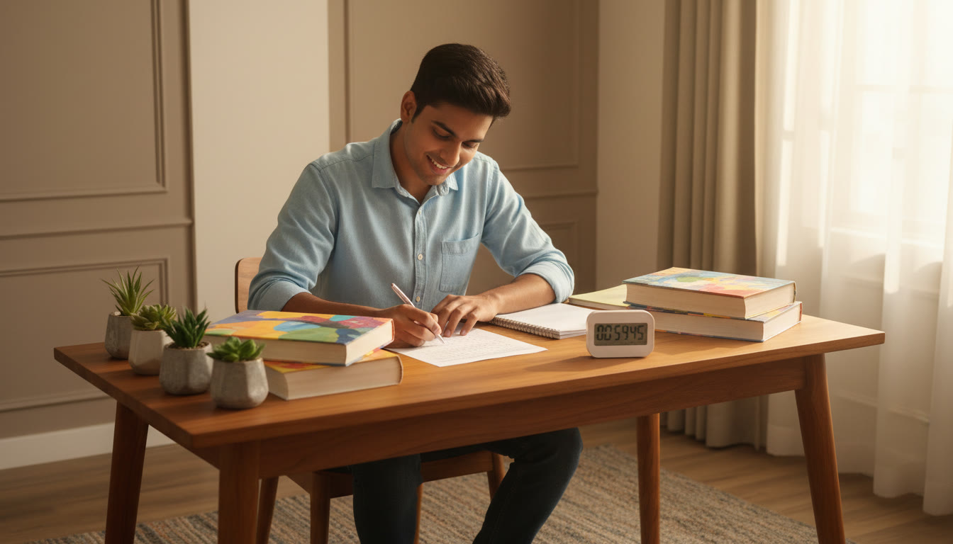 Photo Idea : A focused student at a desk with textbooks, a timer, and an OMR sheet laid out
