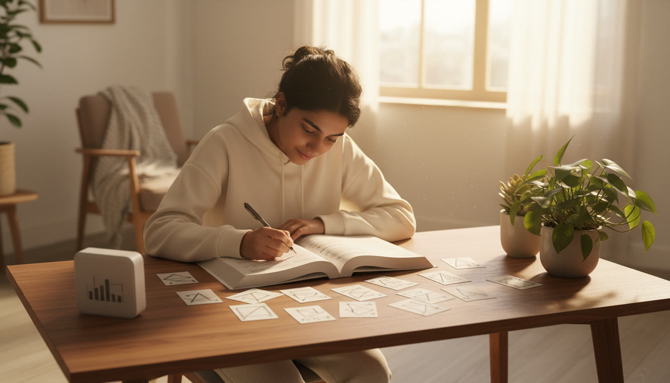 Photo Idea : A focused student at a desk with physics notes, a timer, and scattered formula cards