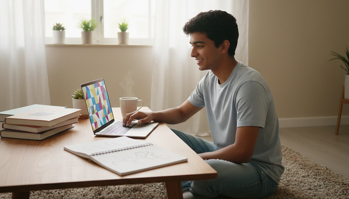 Photo Idea : A focused student at a tidy desk with textbooks, a notebook, and a laptop showing a digital timer