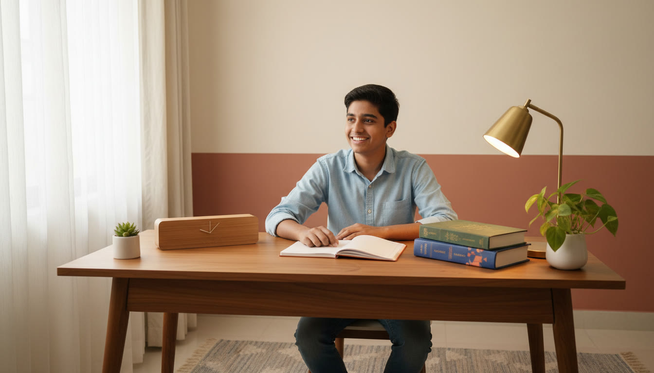 Photo Idea : Student at a tidy desk with a clock, notebook, and three subject books arranged for a focused study session