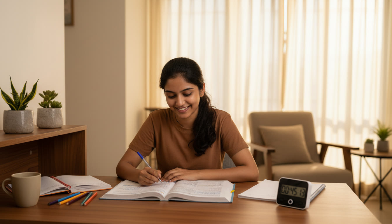Photo Idea : A focused student at a desk, an NCERT book open with neat handwritten notes, a timer visible on the side.