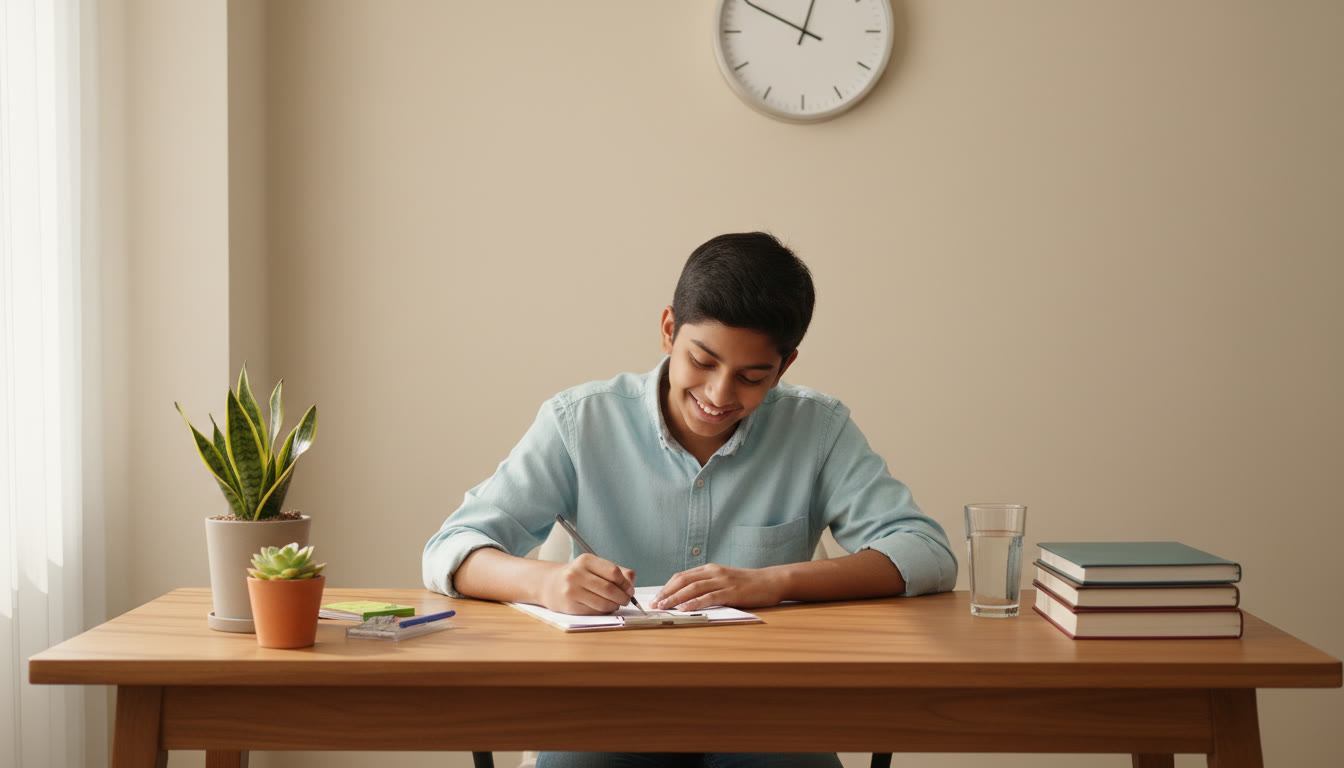Photo Idea : A focused student marking an OMR sheet with a pencil and a wall clock showing exam time