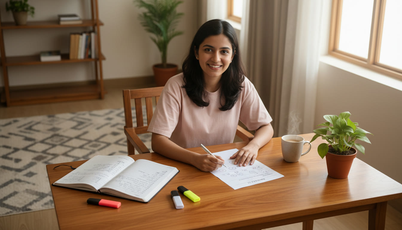 Photo Idea : Student at a desk with a mock test paper, notebook open for notes, and a pen marking errors