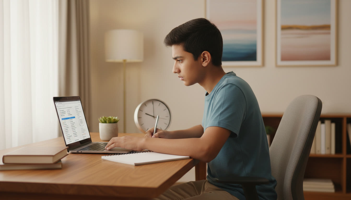 Photo Idea : A student taking a full-length mock test at a desk with a laptop and a clock visible, showing concentration and intensity