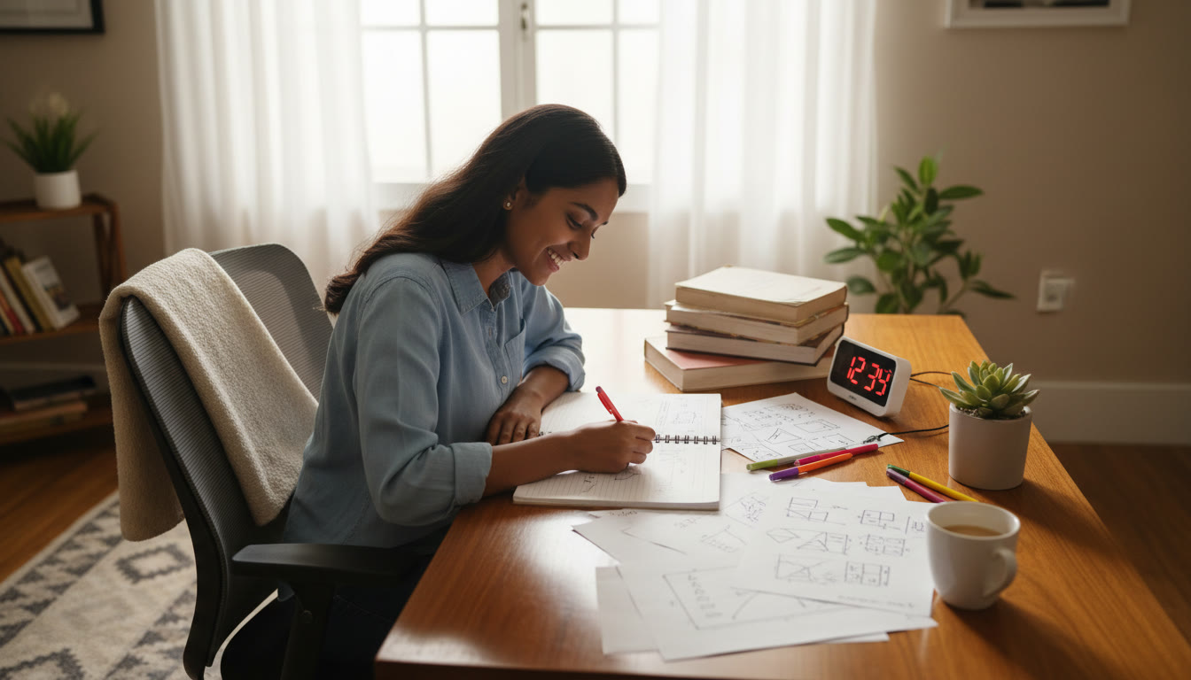 Photo Idea : Student at a desk solving physics problems with a timer and scattered notes