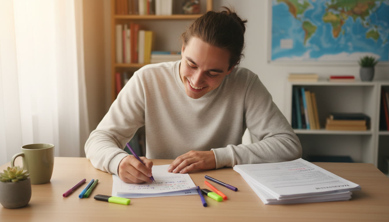 Photo Idea : Student sitting at a tidy desk, annotating a past paper with colored pens and a printed markscheme beside them