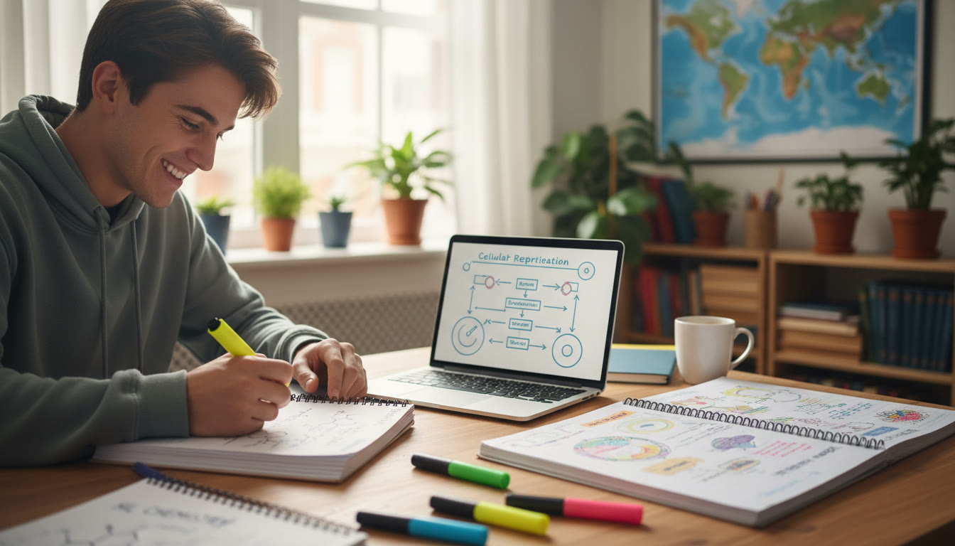 Photo Idea : A focused student at a desk with open HL Chemistry and HL Biology notebooks, highlighters, and a laptop showing annotated diagrams