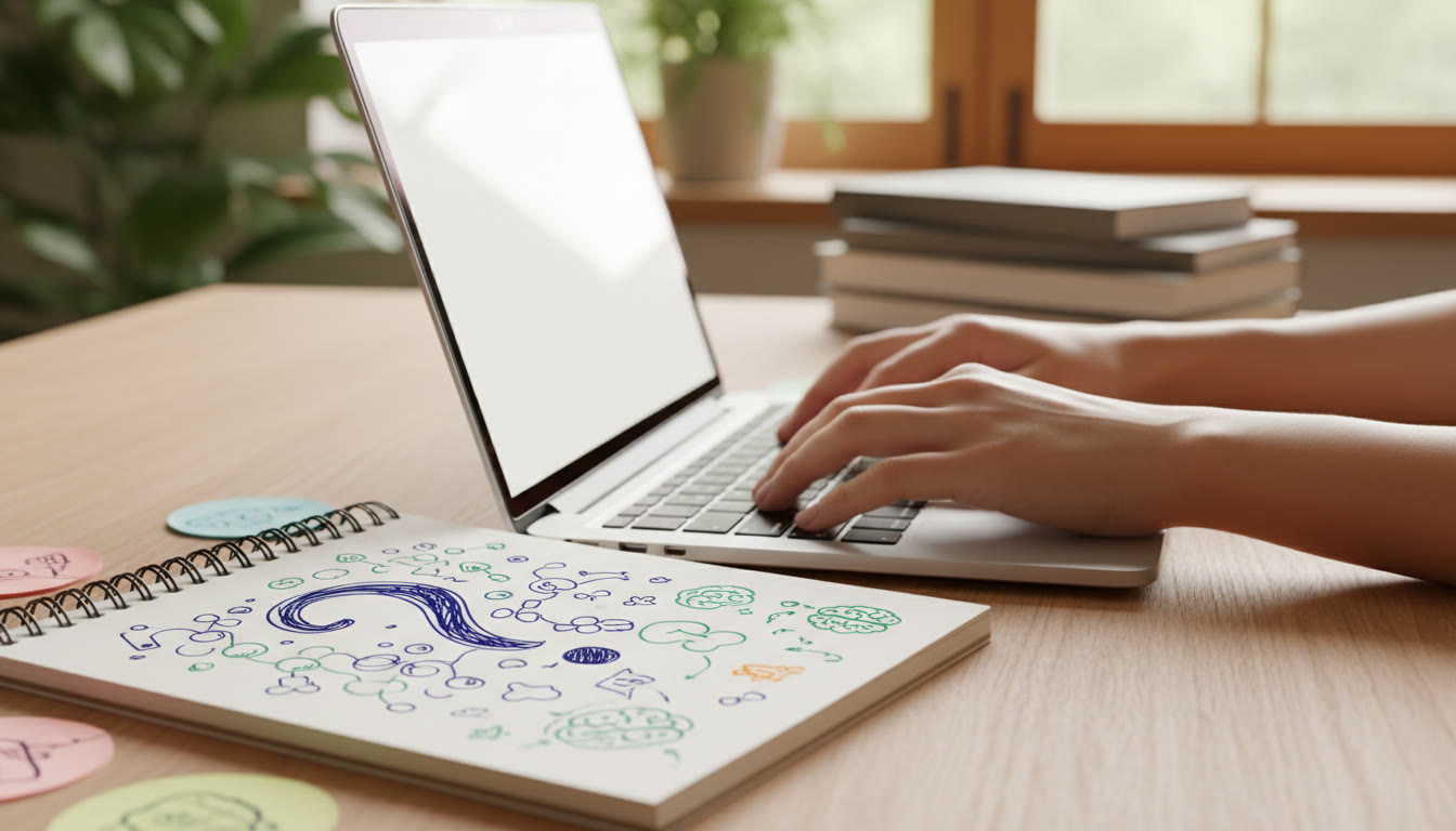 Photo Idea : Close-up of hands typing on a laptop with an open notebook showing a research question and brainstorming sketches