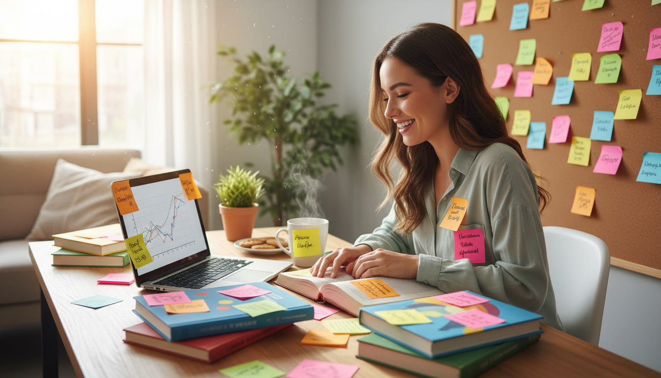 Photo Idea : A student at a desk surrounded by open IB textbooks, a laptop, colorful sticky notes, and a cup of tea.