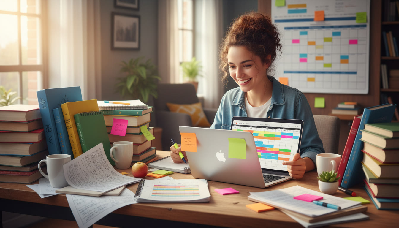 Photo Idea : A student at a desk surrounded by IB textbooks, color-coded notes, and a laptop mapping out a 24-month planner
