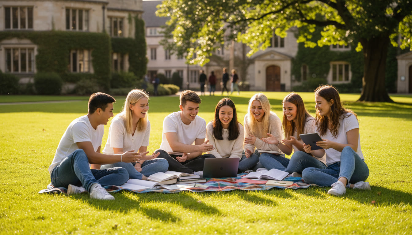 Photo Idea : A diverse group of IB students studying together on a sunny university lawn
