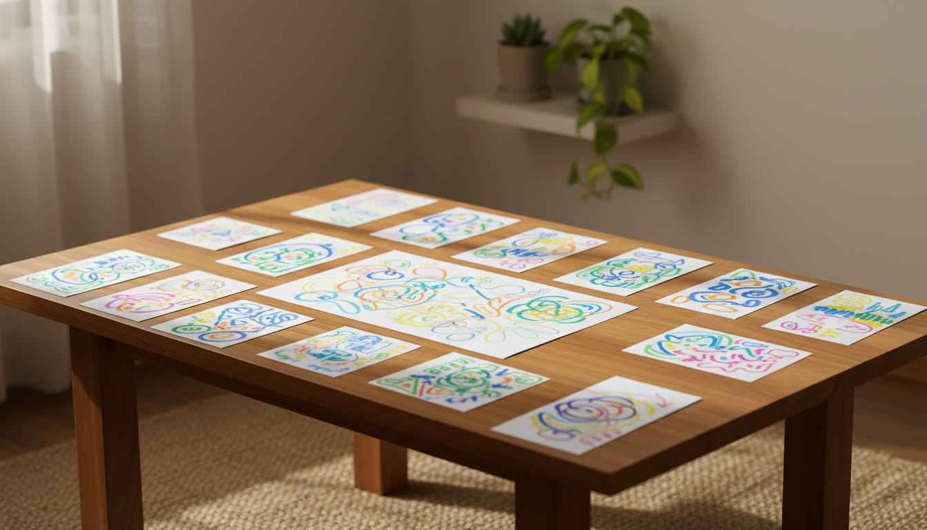 Photo Idea : Close-up of colorful, handwritten concept cards and a one-page summary spread on a study table