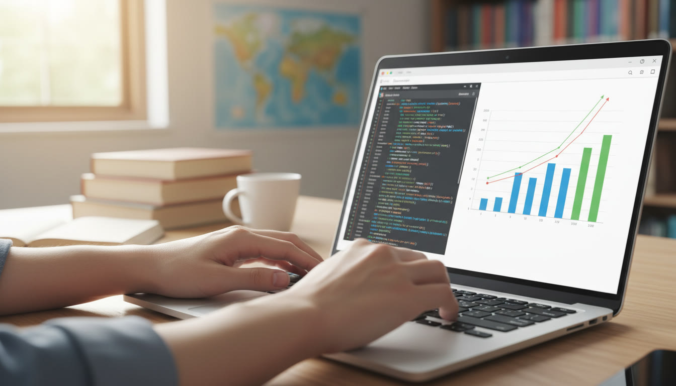 Photo Idea : Close-up of hands typing code and creating a chart on a laptop screen