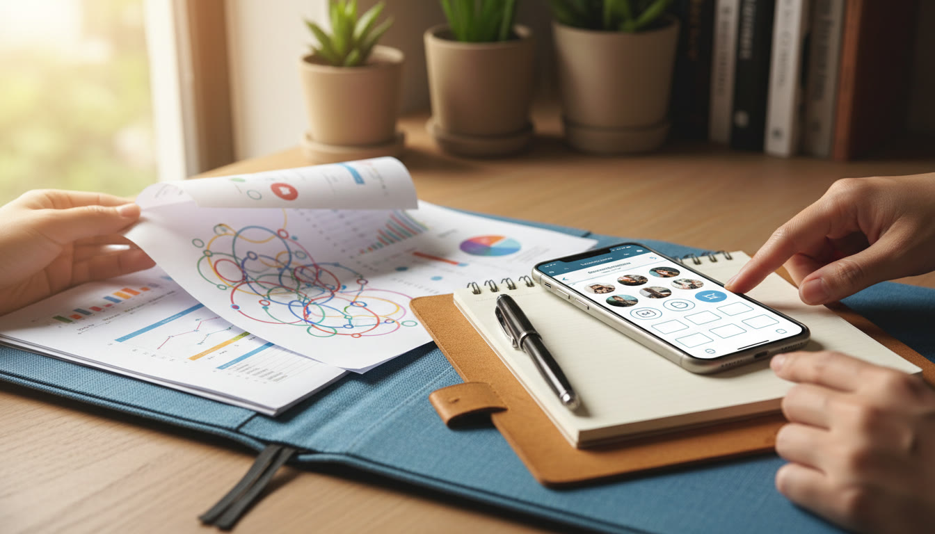 Photo Idea : close-up of a CAS portfolio with printed planning documents, a reflection notebook, and a phone showing a volunteer sign-up sheet