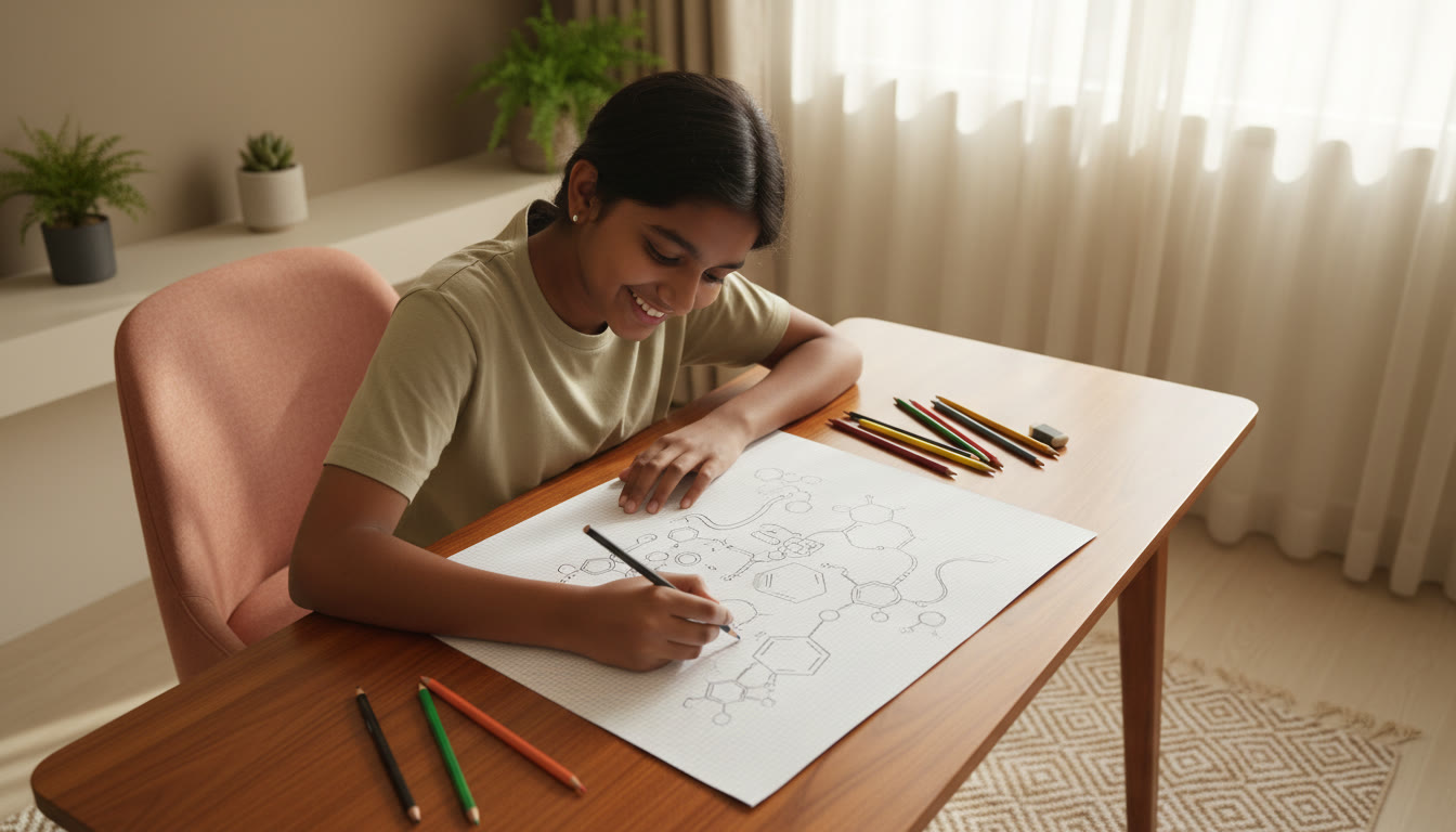 Photo Idea : A student drawing a labeled scientific diagram on graph paper with a pencil